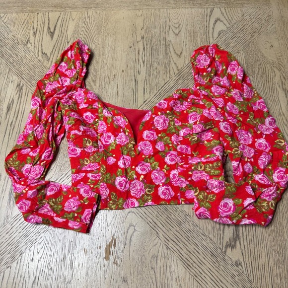 Zara Women's Medium Floral Rose Puff Long Sleeve Corset Crop Top Blouse - Picture 1 of 8